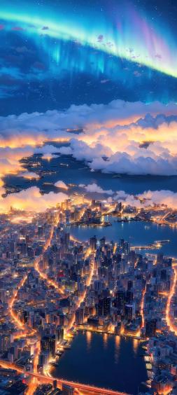 极光,云,河流,城市,风景
