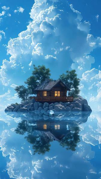 云,水面,风景,树木,房屋,岛