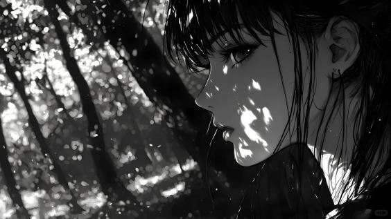 水墨,女孩,树木