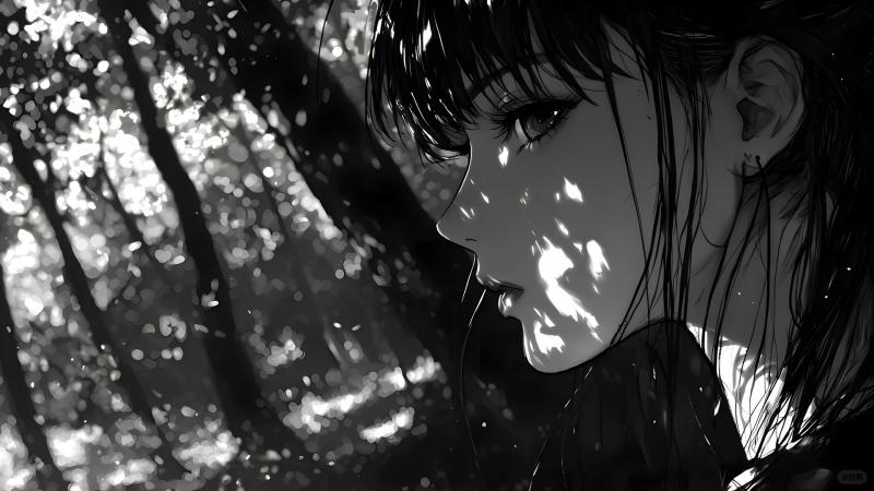 水墨,女孩,树木