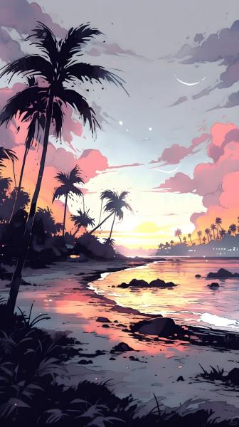 风景,大海,树木,手绘