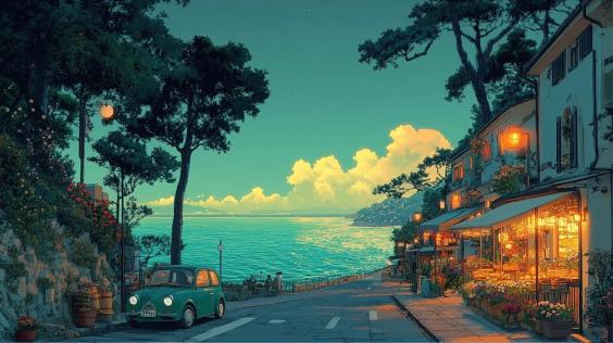 氛围感,树木,大海,房屋