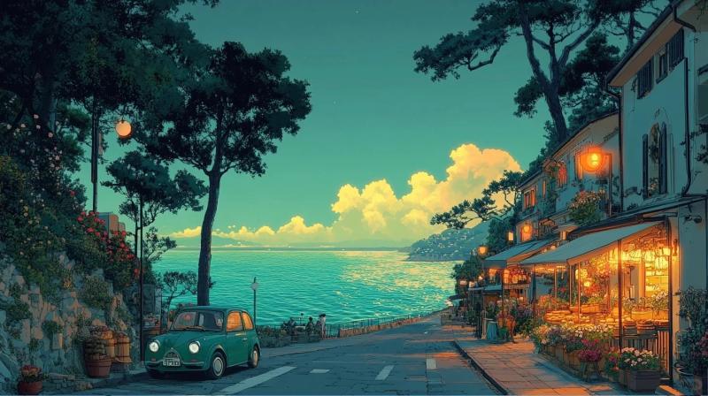 氛围感,树木,大海,房屋